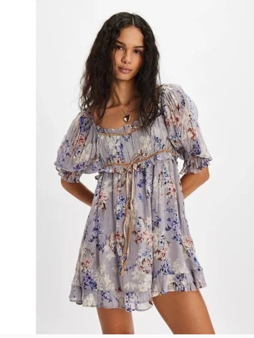 NWOT Free People Marney Mini Dress Floral Printed Puff Sleeve Ribbon